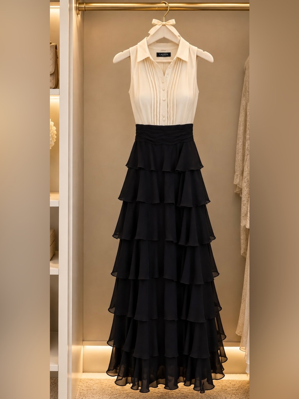 Ralph Lauren Cream Pleated Top with Black Tiered Maxi Skirt